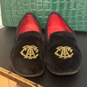 Black Velvet Loafers with Gold Embroidery New & Lingwood loafers